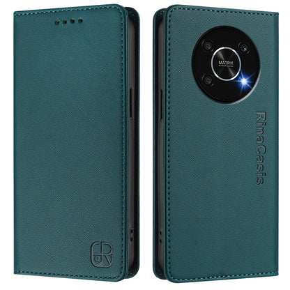 Honor X9 4G Dual-Folded Magnetic Suction RFID Blocking PU Leather Wallet Phone Case with Card Slots, Cash Pocket, Kickstand, Full Protective Flip Cover