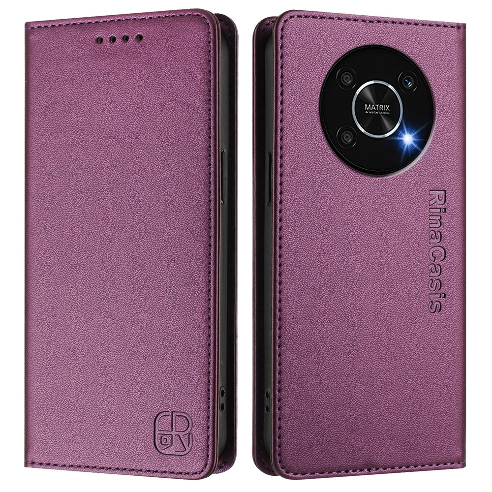 Honor X9 5G Dual-Folded Magnetic Suction RFID Blocking PU Leather Wallet Phone Case with Card Slots, Cash Pocket, Kickstand, Full Protective Flip Cover