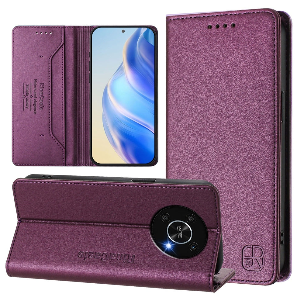 Honor X9 5G Dual-Folded Magnetic Suction RFID Blocking PU Leather Wallet Phone Case with Card Slots, Cash Pocket, Kickstand, Full Protective Flip Cover