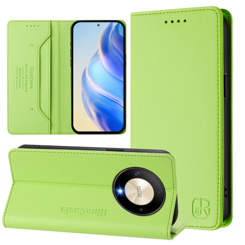 Honor Magic6 Lite 5G Dual-Folded Magnetic Suction RFID Blocking PU Leather Wallet Phone Case with Card Slots, Cash Pocket, Kickstand, Full Protective Flip Cover