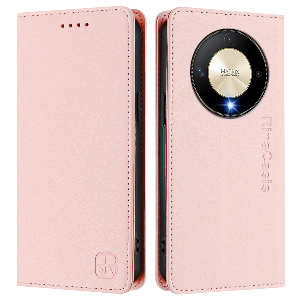 Honor Magic6 Lite 5G Dual-Folded Magnetic Suction RFID Blocking PU Leather Wallet Phone Case with Card Slots, Cash Pocket, Kickstand, Full Protective Flip Cover