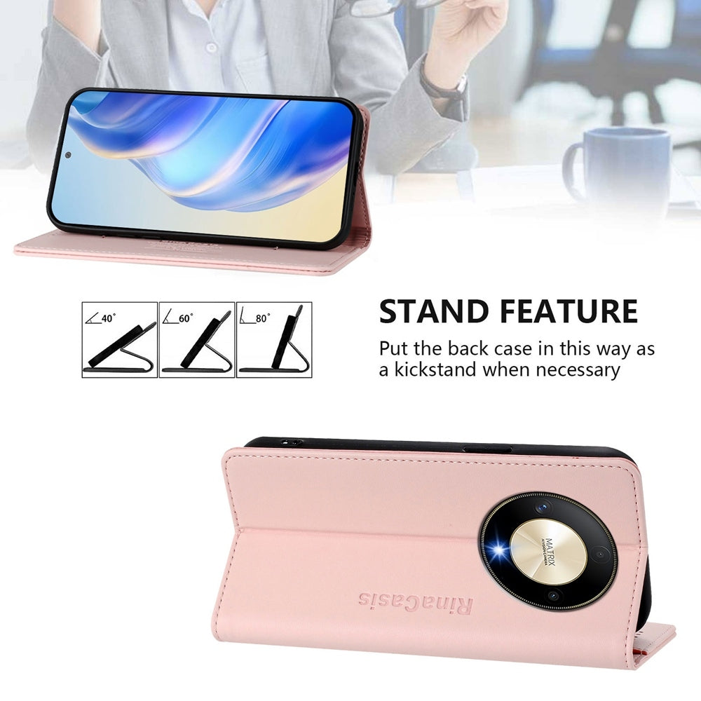 Honor X9b Dual-Folded Magnetic Suction RFID Blocking PU Leather Wallet Phone Case with Card Slots, Cash Pocket, Kickstand, Full Protective Flip Cover