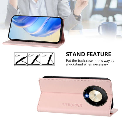 Honor Magic6 Lite 5G Dual-Folded Magnetic Suction RFID Blocking PU Leather Wallet Phone Case with Card Slots, Cash Pocket, Kickstand, Full Protective Flip Cover