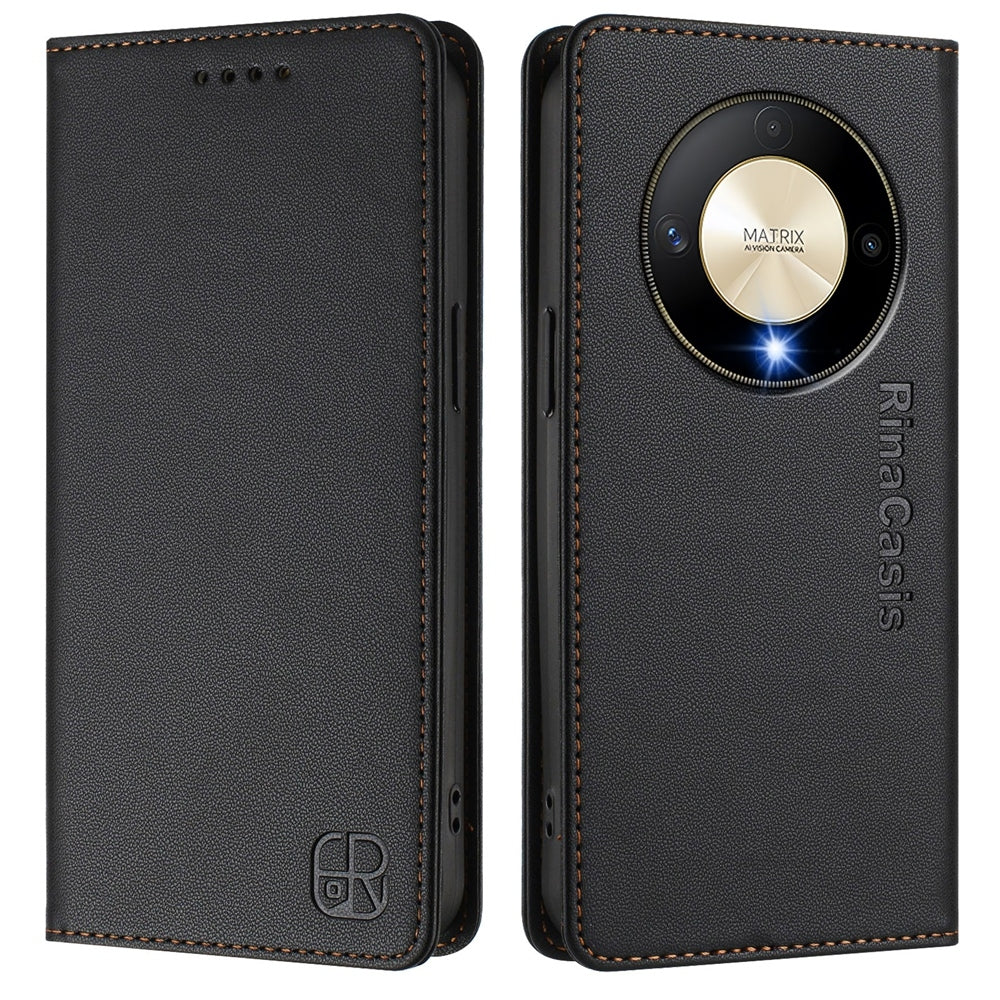 Honor X9b Dual-Folded Magnetic Suction RFID Blocking PU Leather Wallet Phone Case with Card Slots, Cash Pocket, Kickstand, Full Protective Flip Cover