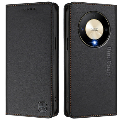 Honor Magic6 Lite 5G Dual-Folded Magnetic Suction RFID Blocking PU Leather Wallet Phone Case with Card Slots, Cash Pocket, Kickstand, Full Protective Flip Cover