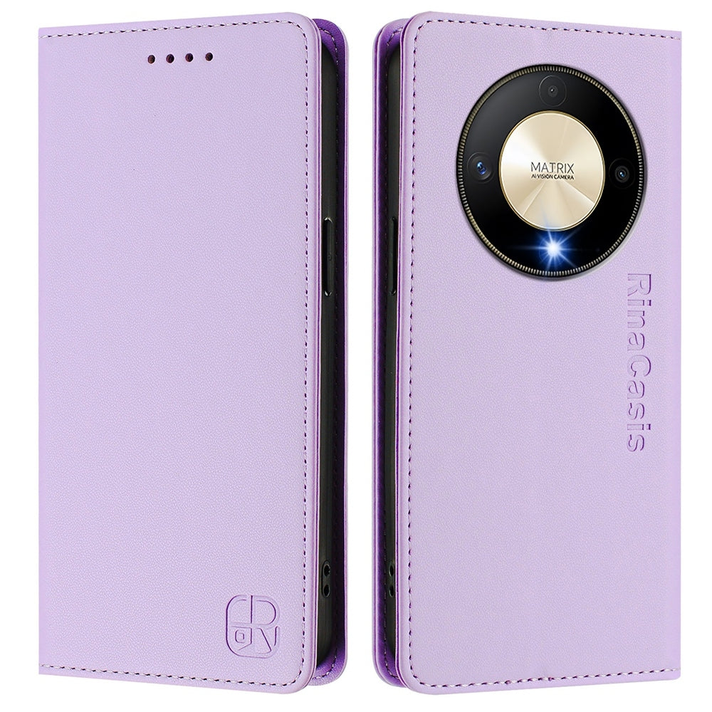 Honor Magic6 Lite 5G Dual-Folded Magnetic Suction RFID Blocking PU Leather Wallet Phone Case with Card Slots, Cash Pocket, Kickstand, Full Protective Flip Cover