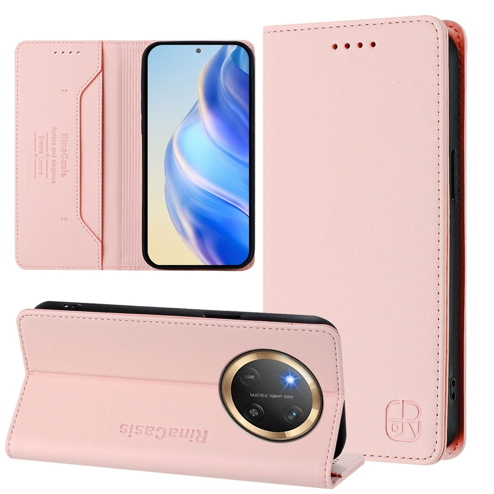 Honor X9c Dual-Folded Magnetic Suction RFID Blocking PU Leather Wallet Phone Case with Card Slots, Cash Pocket, Kickstand, Full Protective Flip Cover