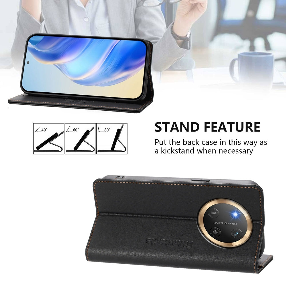 Honor X9c Dual-Folded Magnetic Suction RFID Blocking PU Leather Wallet Phone Case with Card Slots, Cash Pocket, Kickstand, Full Protective Flip Cover