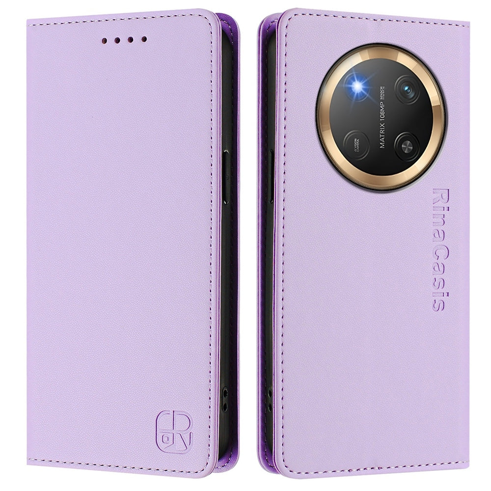 Honor X9c Dual-Folded Magnetic Suction RFID Blocking PU Leather Wallet Phone Case with Card Slots, Cash Pocket, Kickstand, Full Protective Flip Cover