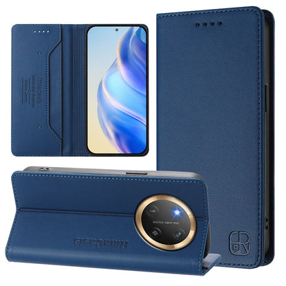 Honor X9c Dual-Folded Magnetic Suction RFID Blocking PU Leather Wallet Phone Case with Card Slots, Cash Pocket, Kickstand, Full Protective Flip Cover