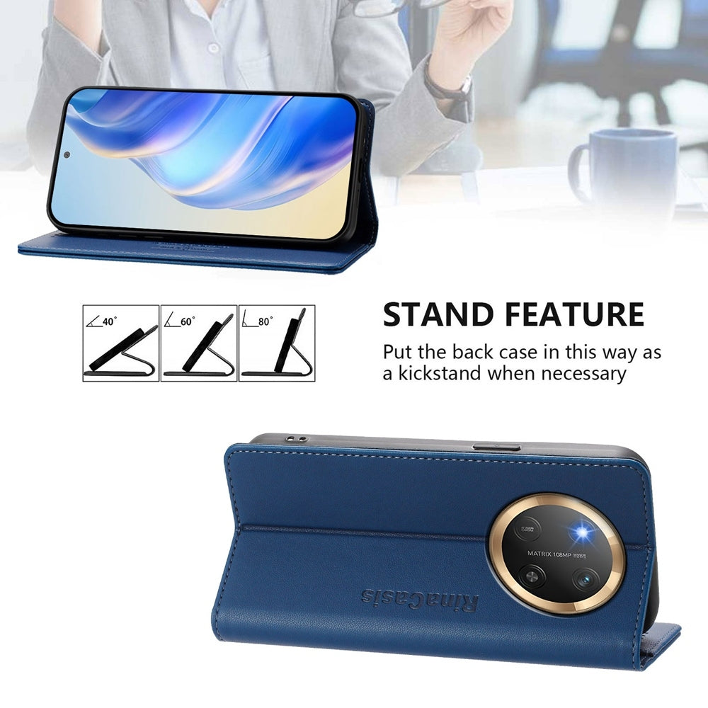 Honor X9c Dual-Folded Magnetic Suction RFID Blocking PU Leather Wallet Phone Case with Card Slots, Cash Pocket, Kickstand, Full Protective Flip Cover