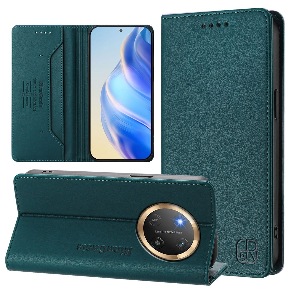 Honor X9c Dual-Folded Magnetic Suction RFID Blocking PU Leather Wallet Phone Case with Card Slots, Cash Pocket, Kickstand, Full Protective Flip Cover