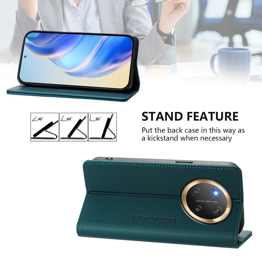 Honor X9c Dual-Folded Magnetic Suction RFID Blocking PU Leather Wallet Phone Case with Card Slots, Cash Pocket, Kickstand, Full Protective Flip Cover