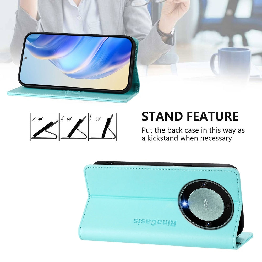 Honor X9a Dual-Folded Magnetic Suction RFID Blocking PU Leather Wallet Phone Case with Card Slots, Cash Pocket, Kickstand, Full Protective Flip Cover