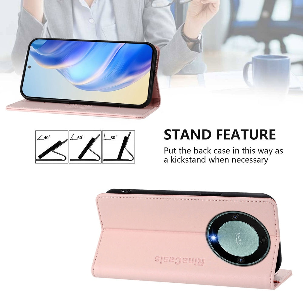 Honor X9a Dual-Folded Magnetic Suction RFID Blocking PU Leather Wallet Phone Case with Card Slots, Cash Pocket, Kickstand, Full Protective Flip Cover