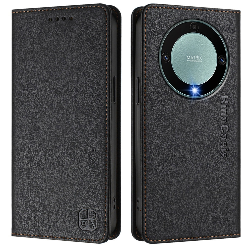 Honor Magic5 Lite Dual-Folded Magnetic Suction RFID Blocking PU Leather Wallet Phone Case with Card Slots, Cash Pocket, Kickstand, Full Protective Flip Cover