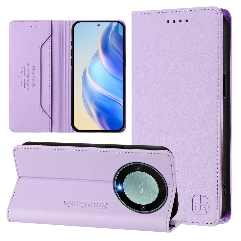 Honor X40 Dual-Folded Magnetic Suction RFID Blocking PU Leather Wallet Phone Case with Card Slots, Cash Pocket, Kickstand, Full Protective Flip Cover