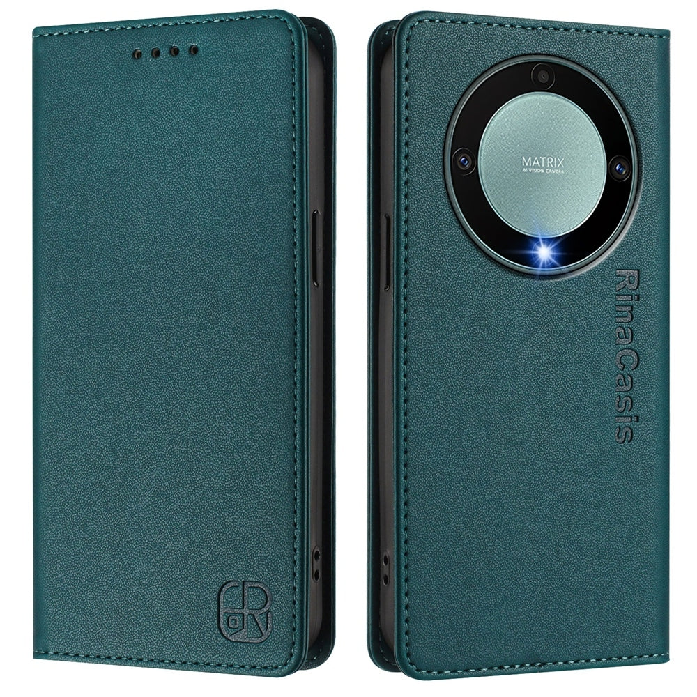 Honor X9a Dual-Folded Magnetic Suction RFID Blocking PU Leather Wallet Phone Case with Card Slots, Cash Pocket, Kickstand, Full Protective Flip Cover