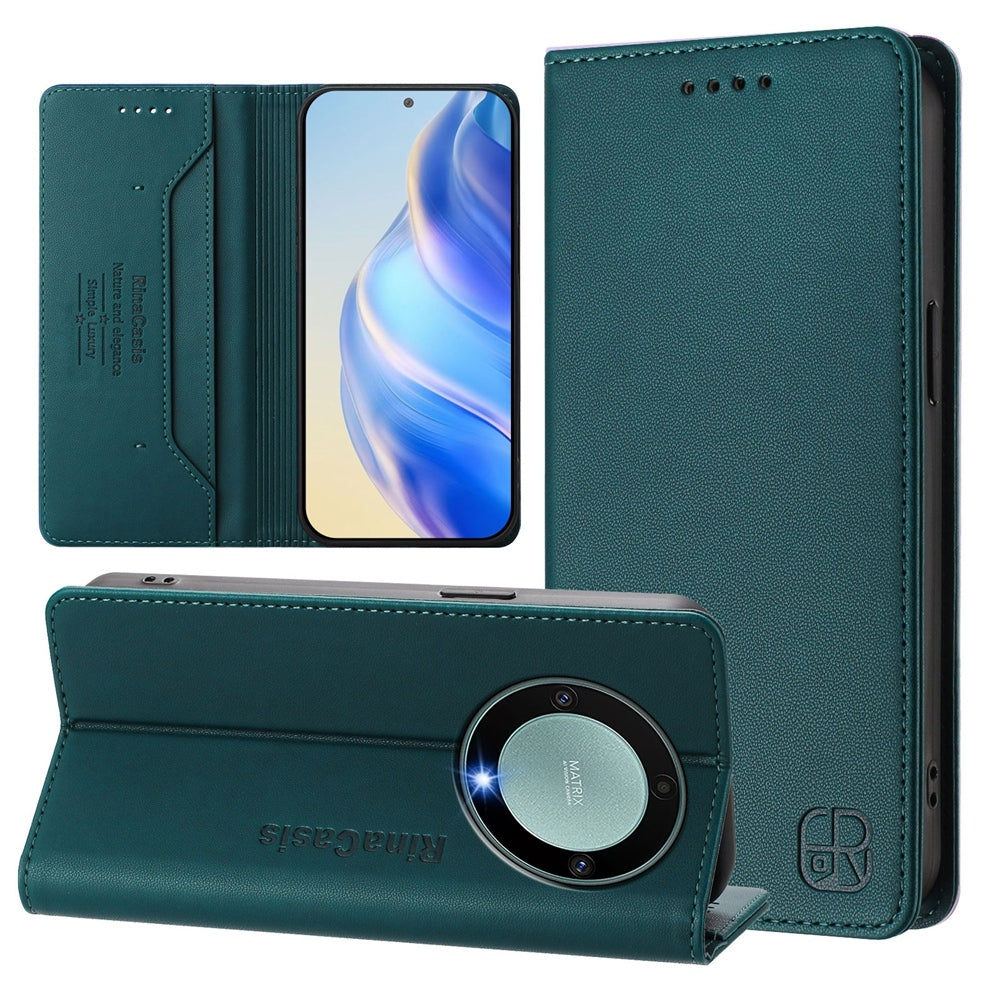 Honor Magic5 Lite Dual-Folded Magnetic Suction RFID Blocking PU Leather Wallet Phone Case with Card Slots, Cash Pocket, Kickstand, Full Protective Flip Cover