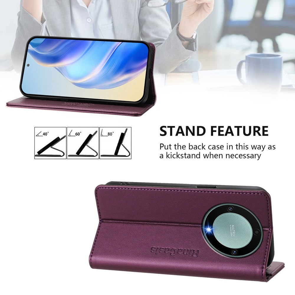 Honor X40 Dual-Folded Magnetic Suction RFID Blocking PU Leather Wallet Phone Case with Card Slots, Cash Pocket, Kickstand, Full Protective Flip Cover