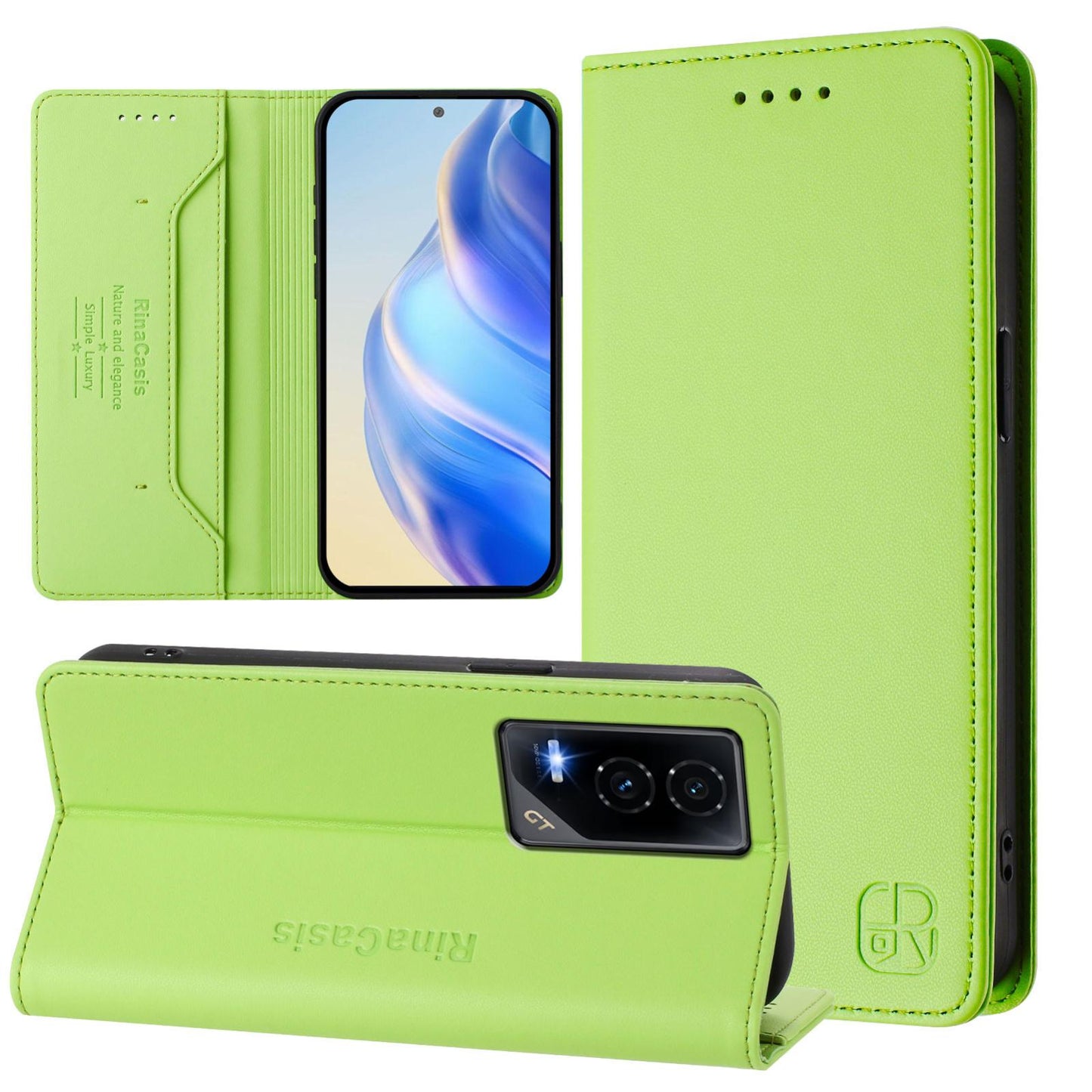 Honor GT Dual-Folded Magnetic Suction RFID Blocking PU Leather Wallet Phone Case with Card Slots, Cash Pocket, Kickstand, Full Protective Flip Cover