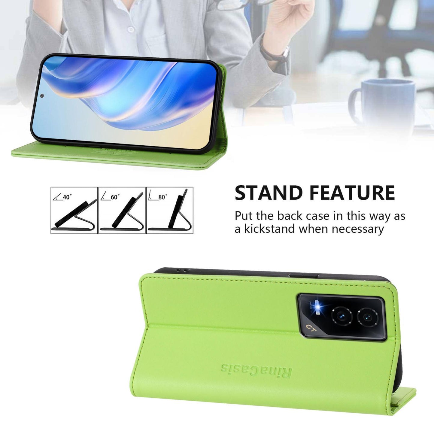Honor GT Dual-Folded Magnetic Suction RFID Blocking PU Leather Wallet Phone Case with Card Slots, Cash Pocket, Kickstand, Full Protective Flip Cover