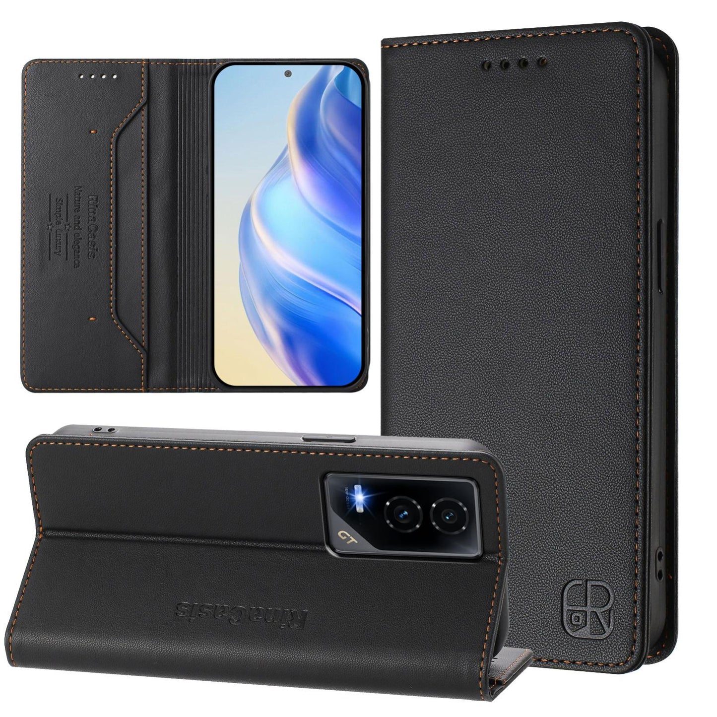 Honor GT Dual-Folded Magnetic Suction RFID Blocking PU Leather Wallet Phone Case with Card Slots, Cash Pocket, Kickstand, Full Protective Flip Cover
