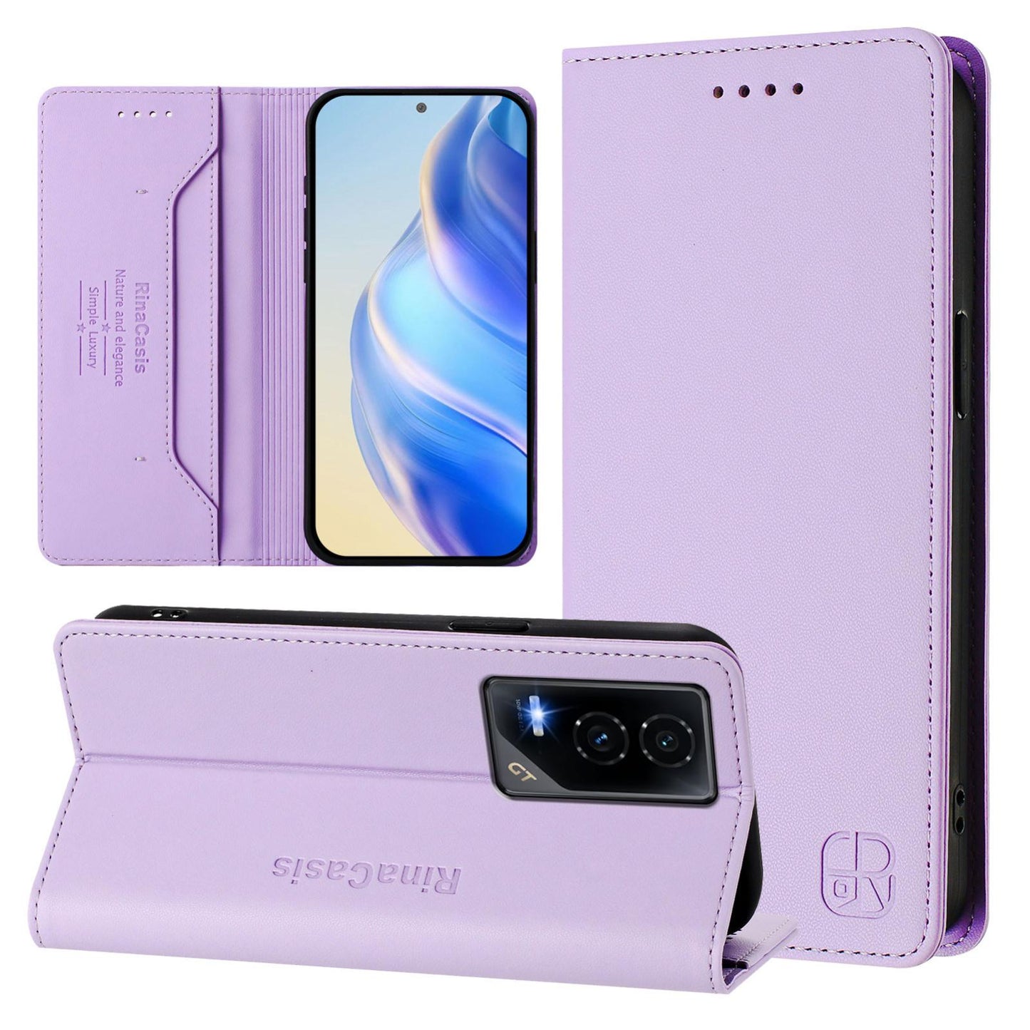 Honor GT Dual-Folded Magnetic Suction RFID Blocking PU Leather Wallet Phone Case with Card Slots, Cash Pocket, Kickstand, Full Protective Flip Cover