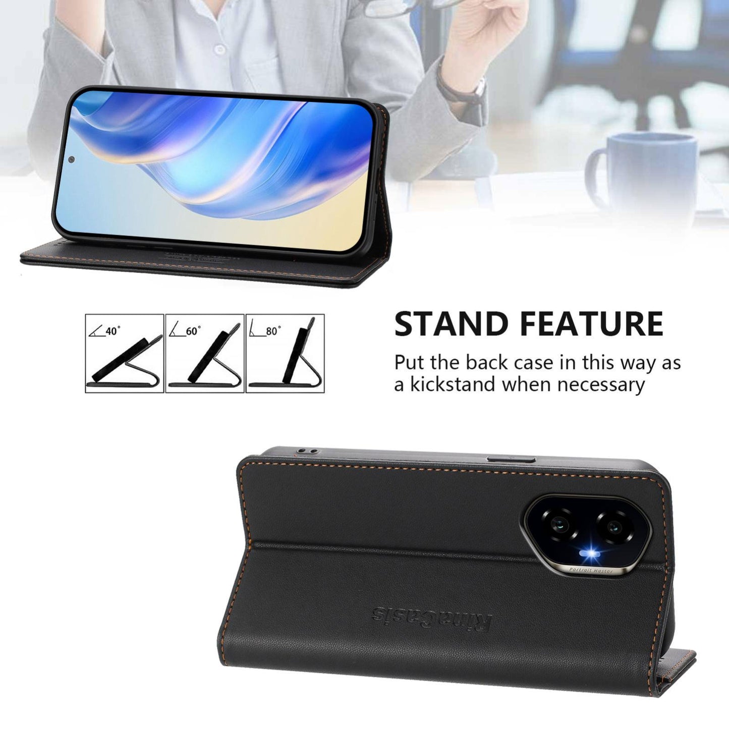 Honor 300 Dual-Folded Magnetic Suction RFID Blocking PU Leather Wallet Phone Case with Card Slots, Cash Pocket, Kickstand, Full Protective Flip Cover