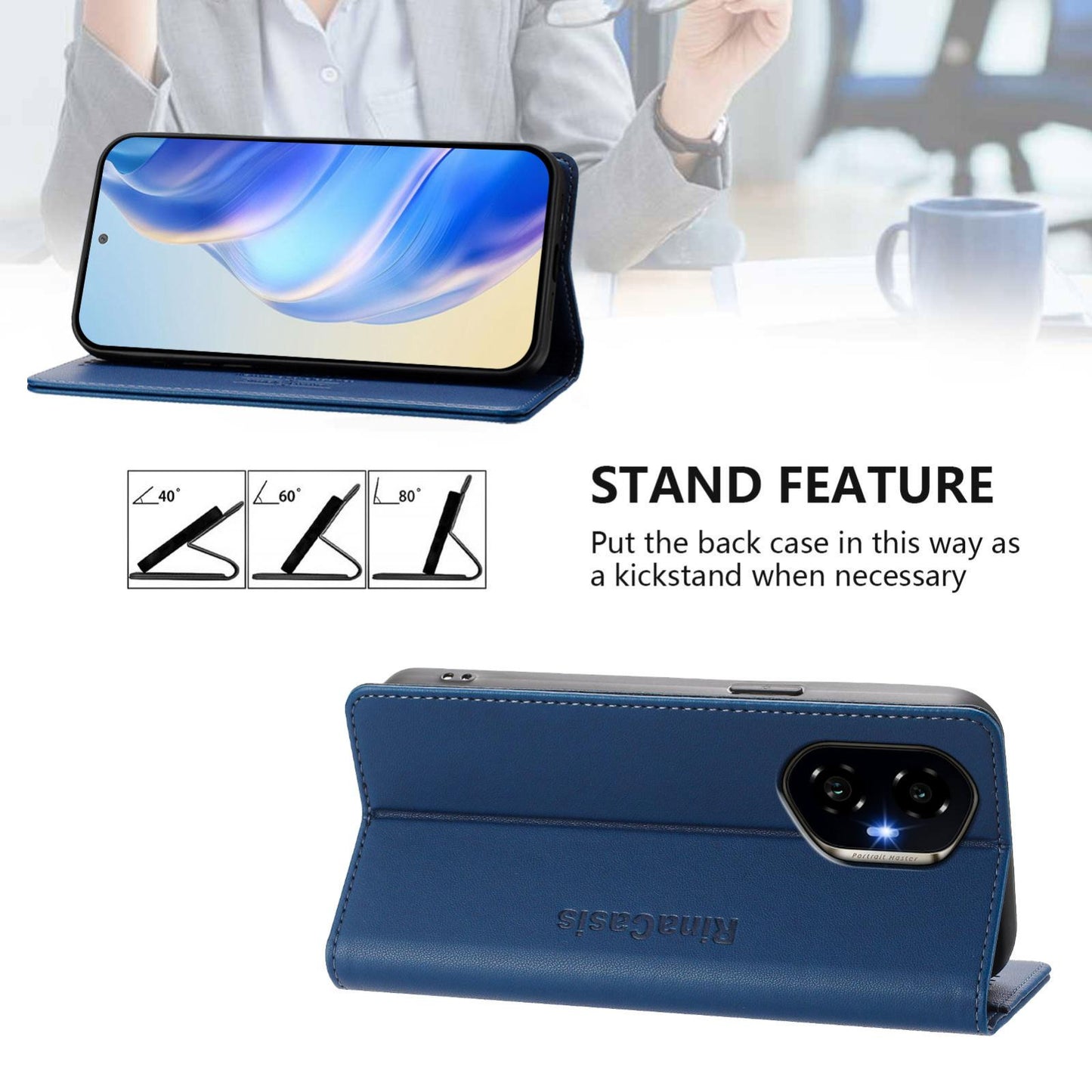 Honor 300 Dual-Folded Magnetic Suction RFID Blocking PU Leather Wallet Phone Case with Card Slots, Cash Pocket, Kickstand, Full Protective Flip Cover