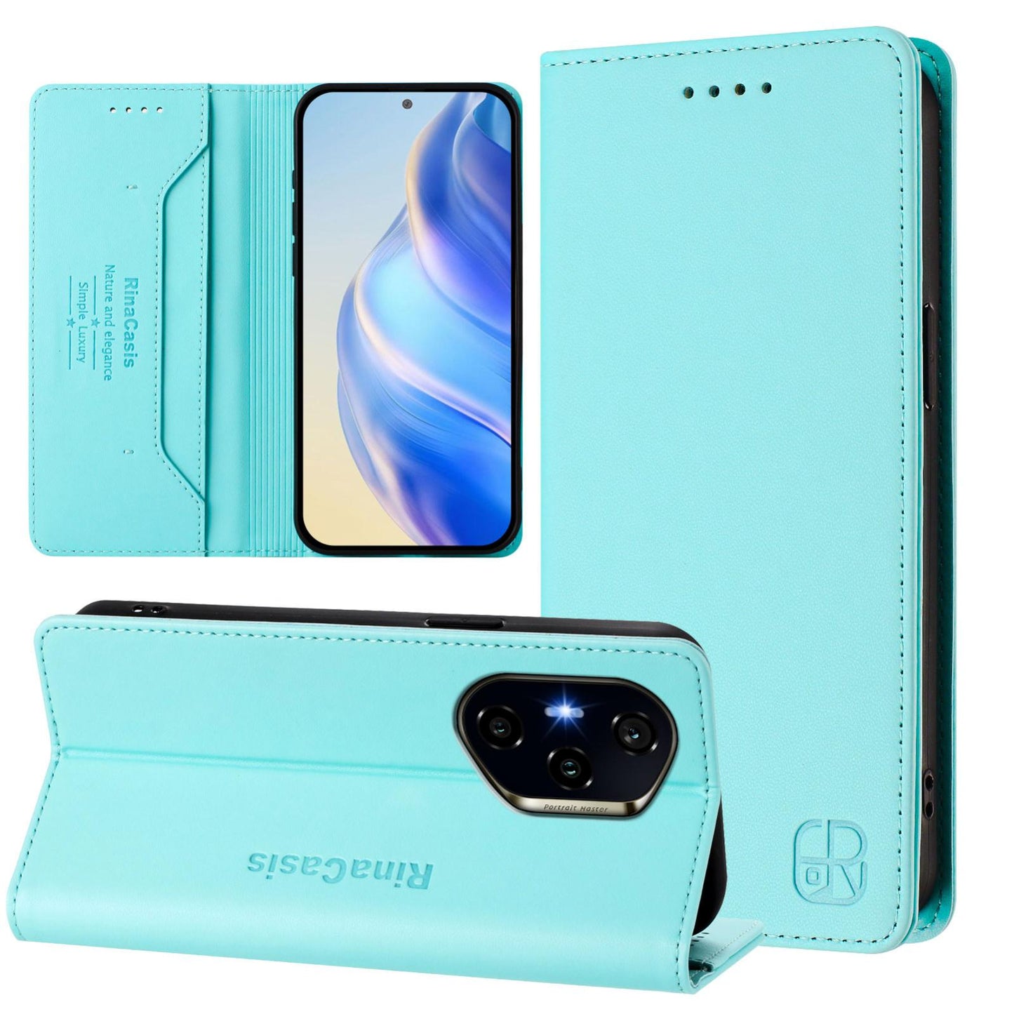 Honor 300 Pro Dual-Folded Magnetic Suction RFID Blocking PU Leather Wallet Phone Case with Card Slots, Cash Pocket, Kickstand, Full Protective Flip Cover