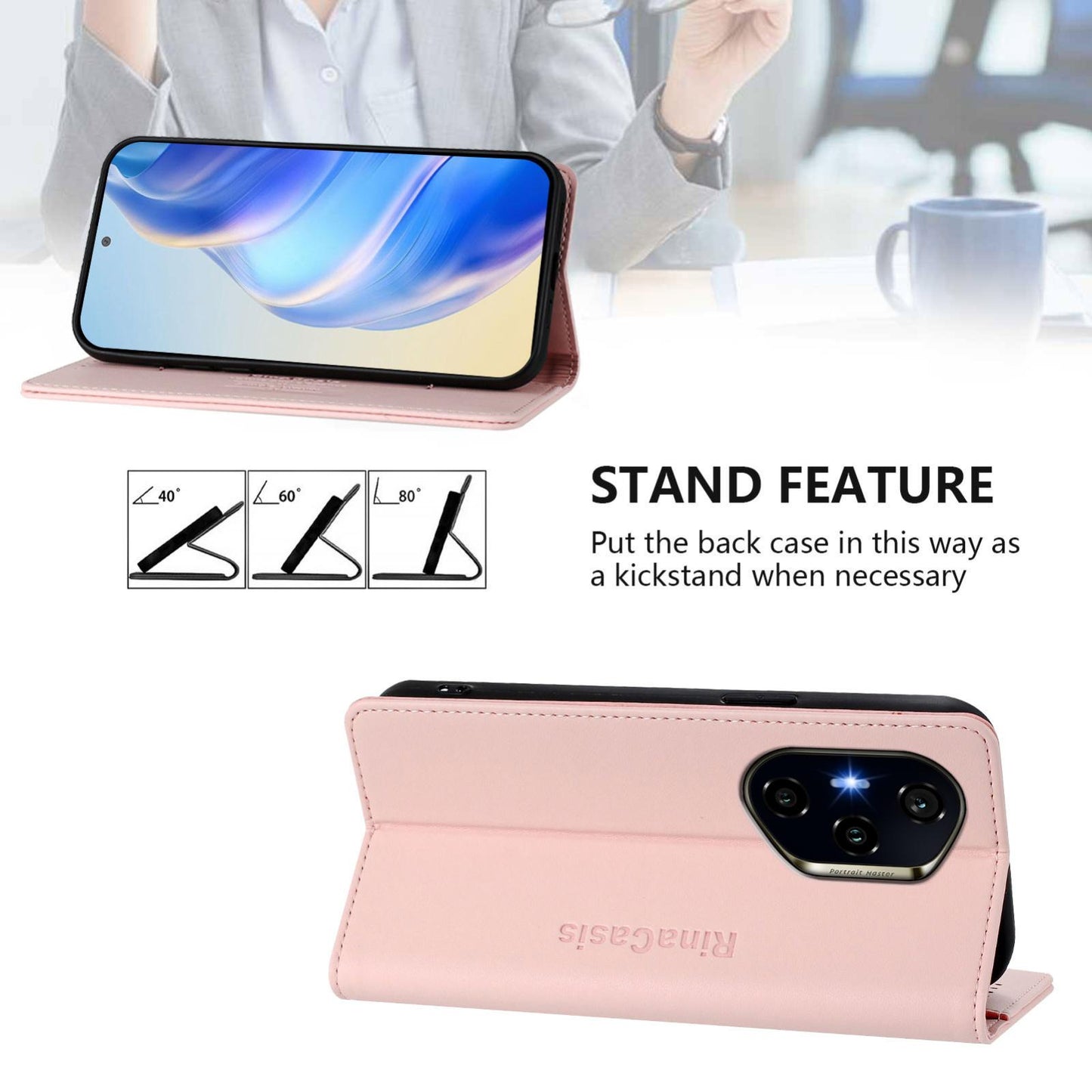 Honor 300 Pro Dual-Folded Magnetic Suction RFID Blocking PU Leather Wallet Phone Case with Card Slots, Cash Pocket, Kickstand, Full Protective Flip Cover