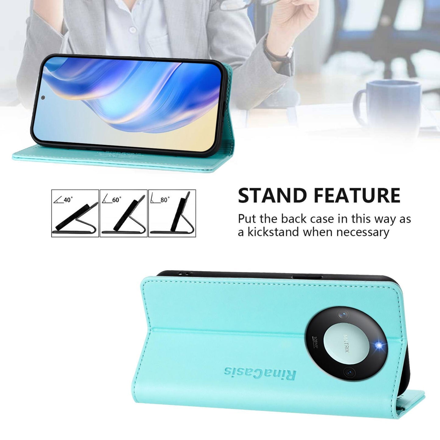 Honor X60 Dual-Folded Magnetic Suction RFID Blocking PU Leather Wallet Phone Case with Card Slots, Cash Pocket, Kickstand, Full Protective Flip Cover