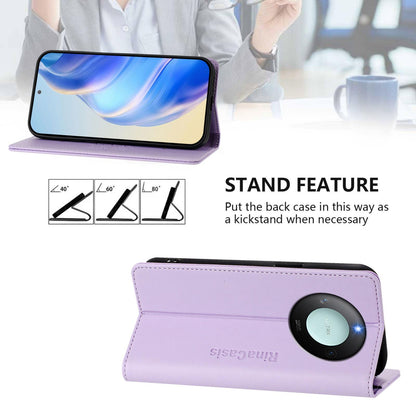 Honor X60 Dual-Folded Magnetic Suction RFID Blocking PU Leather Wallet Phone Case with Card Slots, Cash Pocket, Kickstand, Full Protective Flip Cover