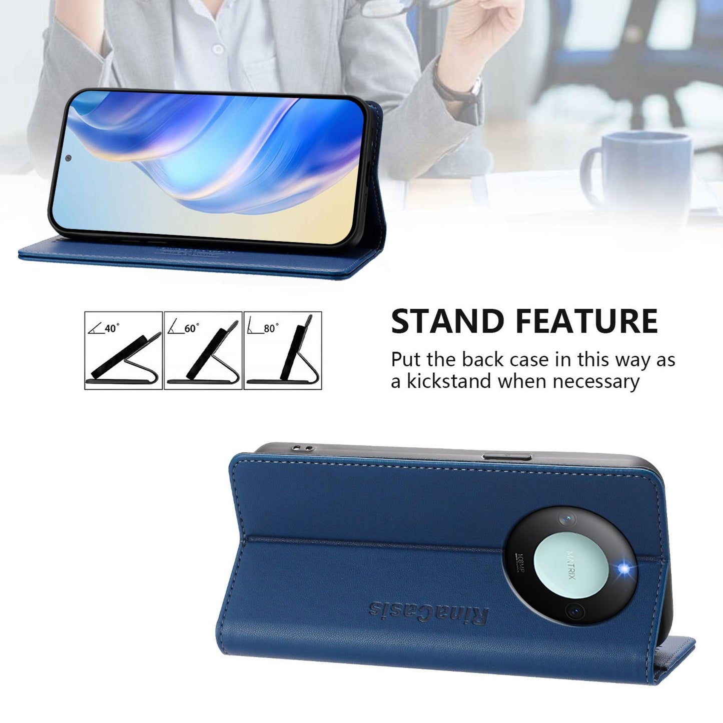 Honor X60 Dual-Folded Magnetic Suction RFID Blocking PU Leather Wallet Phone Case with Card Slots, Cash Pocket, Kickstand, Full Protective Flip Cover