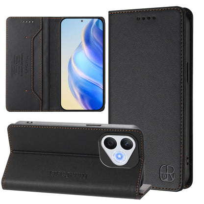 Honor 400 Lite Dual-Folded Magnetic Suction RFID Blocking PU Leather Wallet Phone Case with Card Slots, Cash Pocket, Kickstand, Full Protective Flip Cover