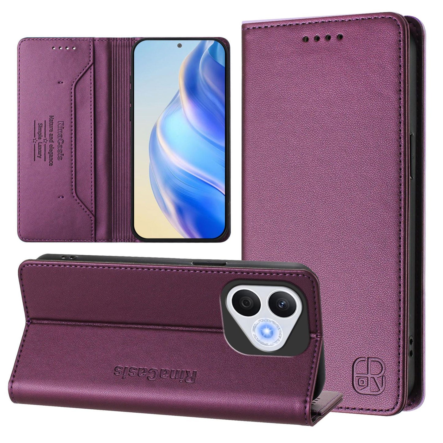 Honor 400 Lite Dual-Folded Magnetic Suction RFID Blocking PU Leather Wallet Phone Case with Card Slots, Cash Pocket, Kickstand, Full Protective Flip Cover