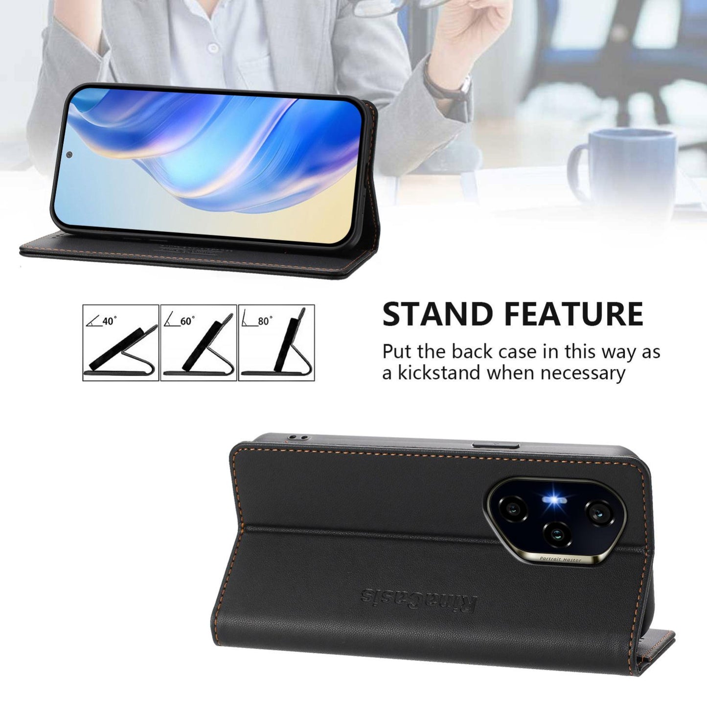 Honor 400 156.5mm Dual-Folded Magnetic Suction RFID Blocking PU Leather Wallet Phone Case with Card Slots, Cash Pocket, Kickstand, Full Protective Flip Cover