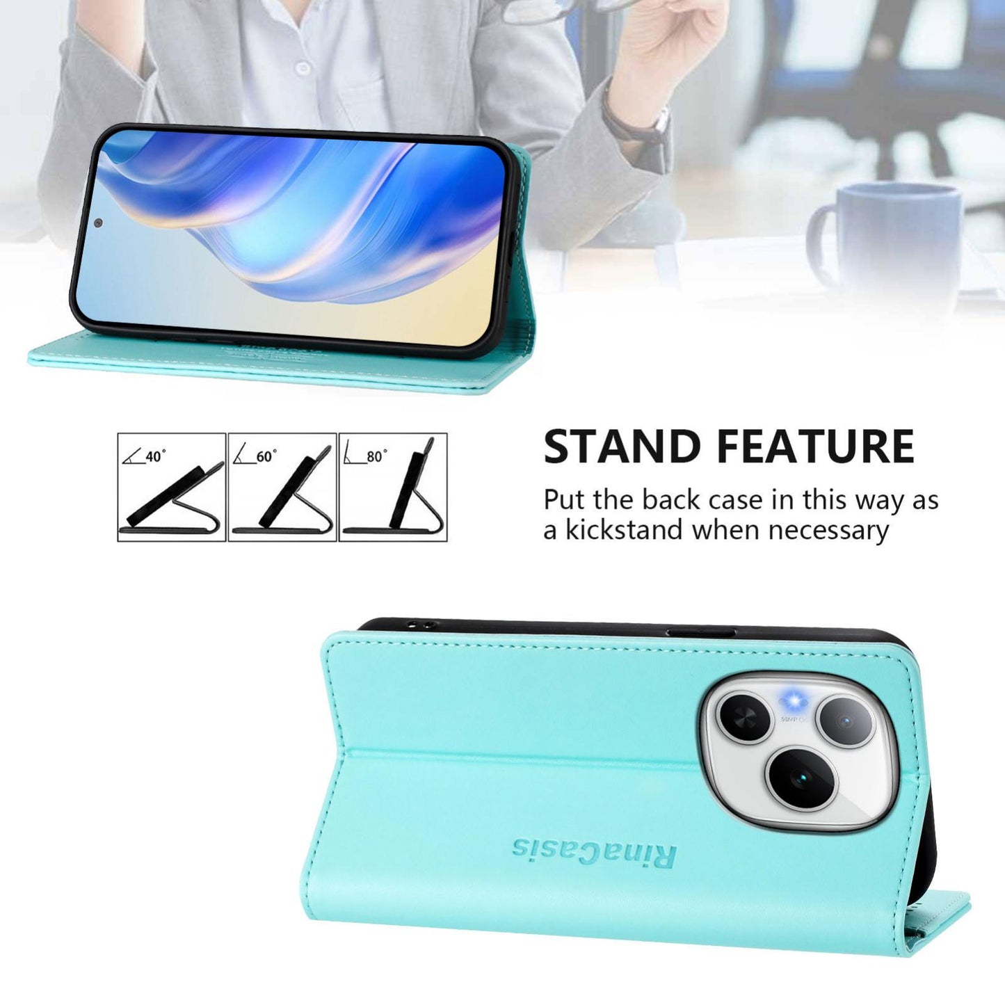 Honor Power Dual-Folded Magnetic Suction RFID Blocking PU Leather Wallet Phone Case with Card Slots, Cash Pocket, Kickstand, Full Protective Flip Cover