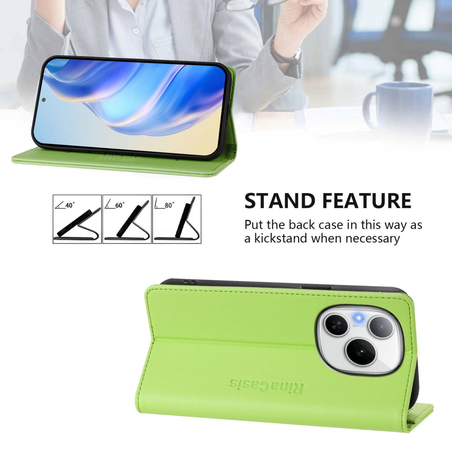 Honor Power Dual-Folded Magnetic Suction RFID Blocking PU Leather Wallet Phone Case with Card Slots, Cash Pocket, Kickstand, Full Protective Flip Cover