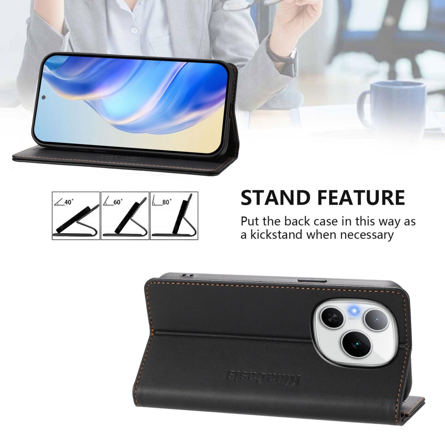 Honor Power Dual-Folded Magnetic Suction RFID Blocking PU Leather Wallet Phone Case with Card Slots, Cash Pocket, Kickstand, Full Protective Flip Cover