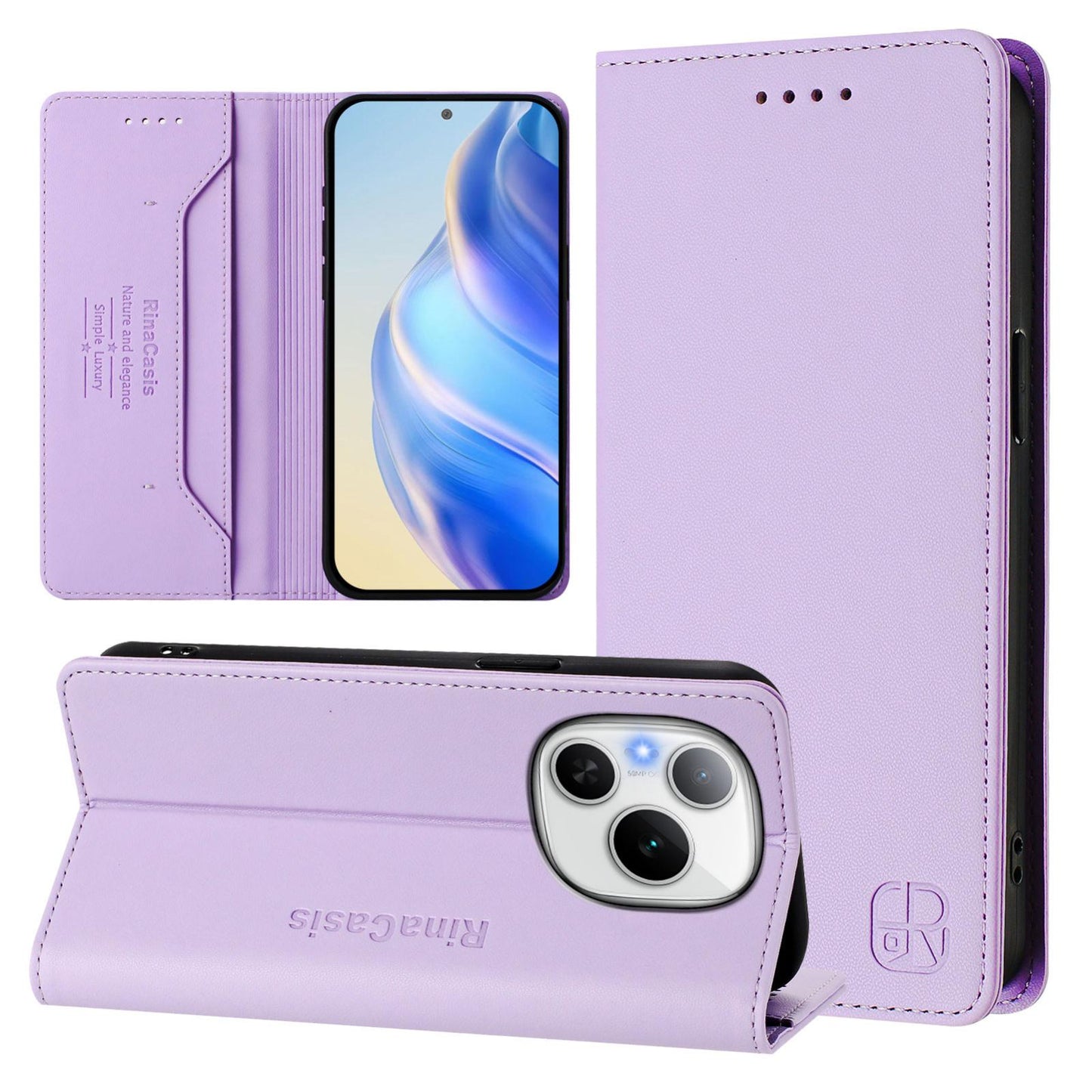Honor Power Dual-Folded Magnetic Suction RFID Blocking PU Leather Wallet Phone Case with Card Slots, Cash Pocket, Kickstand, Full Protective Flip Cover