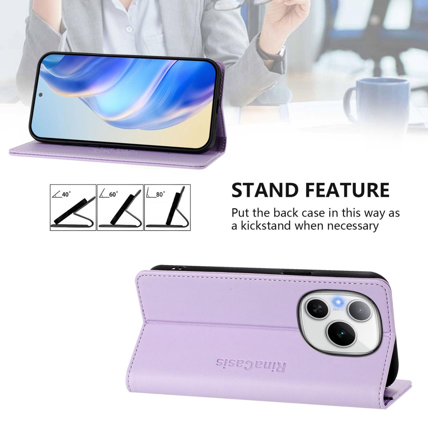 Honor Power Dual-Folded Magnetic Suction RFID Blocking PU Leather Wallet Phone Case with Card Slots, Cash Pocket, Kickstand, Full Protective Flip Cover