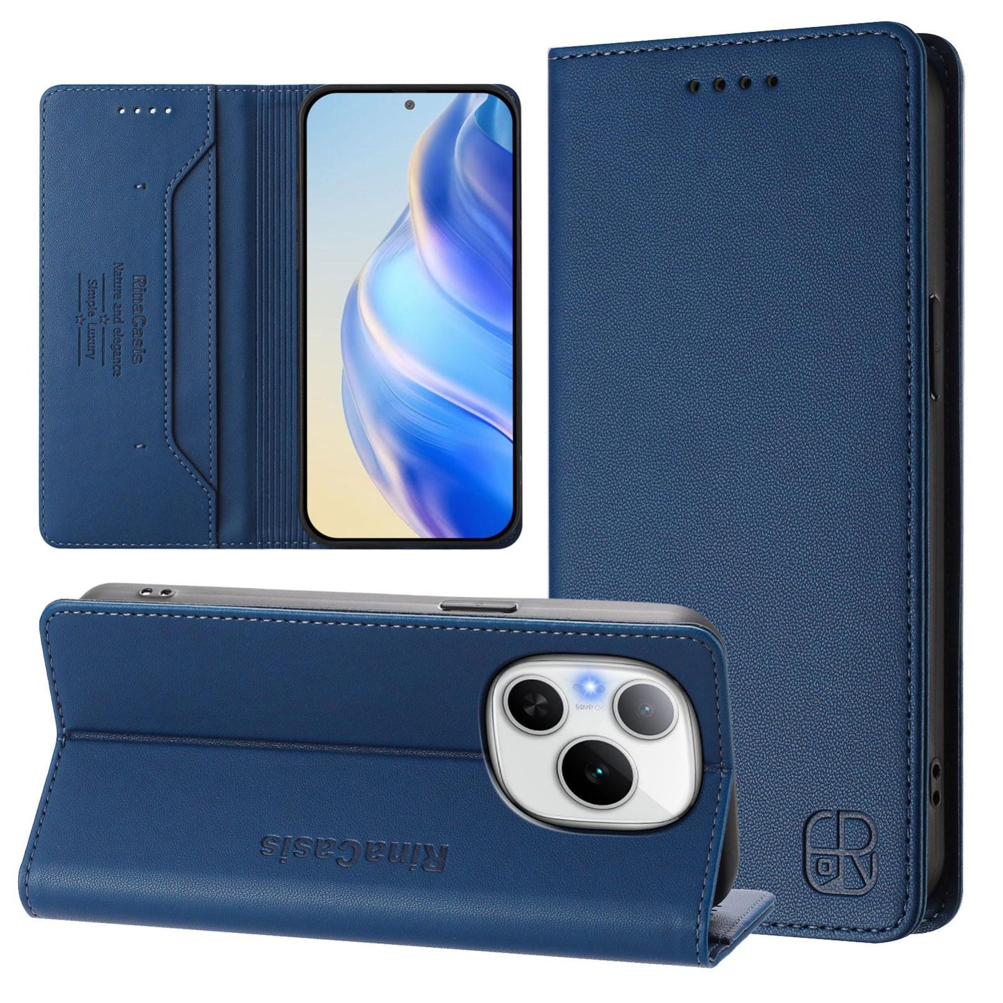 Honor Power Dual-Folded Magnetic Suction RFID Blocking PU Leather Wallet Phone Case with Card Slots, Cash Pocket, Kickstand, Full Protective Flip Cover