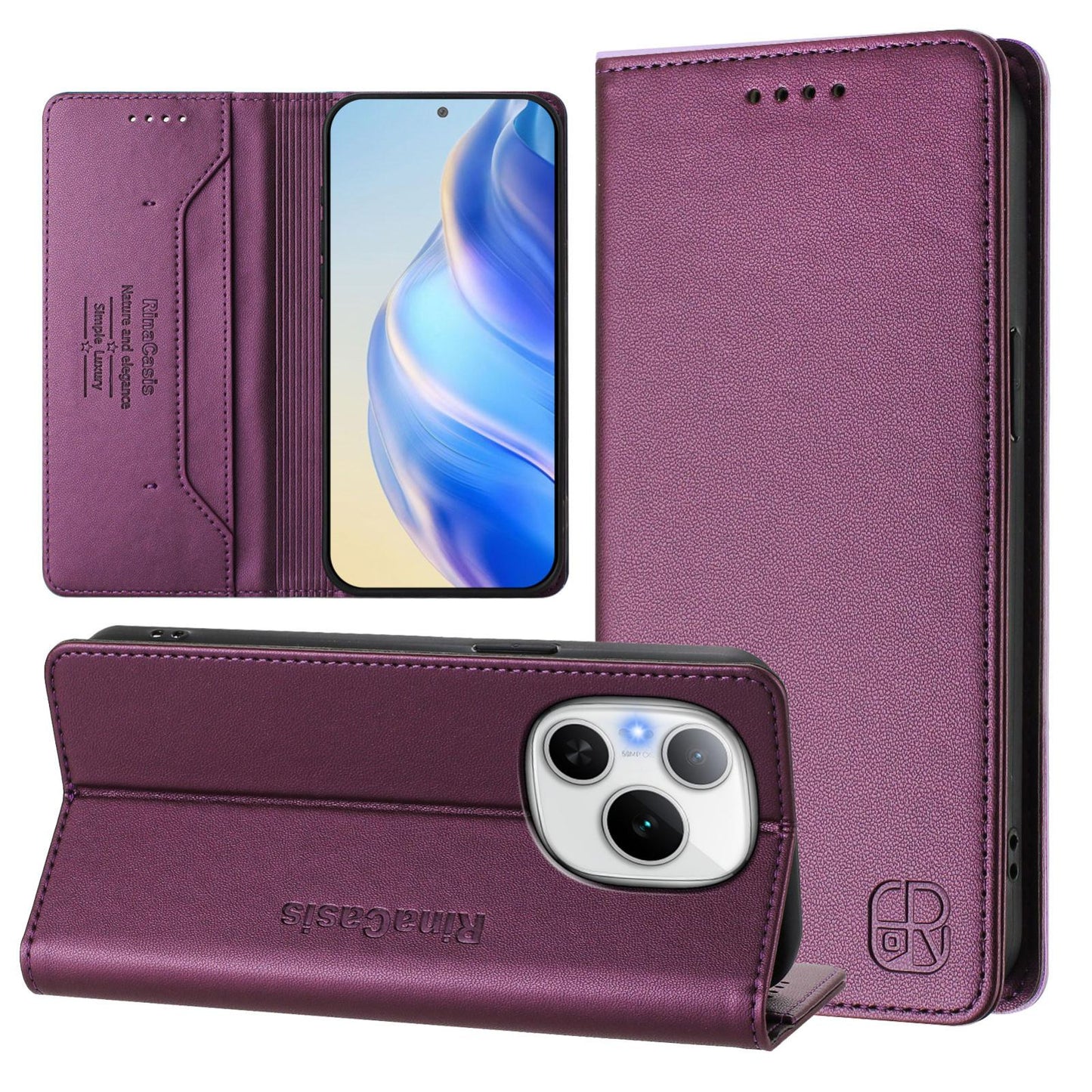 Honor Power Dual-Folded Magnetic Suction RFID Blocking PU Leather Wallet Phone Case with Card Slots, Cash Pocket, Kickstand, Full Protective Flip Cover