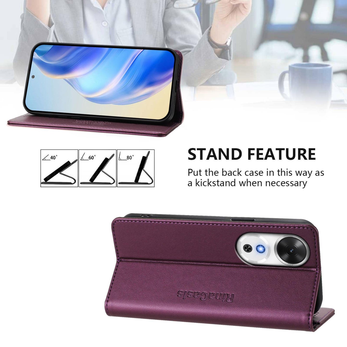 Honor Play 60 Dual-Folded Magnetic Suction RFID Blocking PU Leather Wallet Phone Case with Card Slots, Cash Pocket, Kickstand, Full Protective Flip Cover