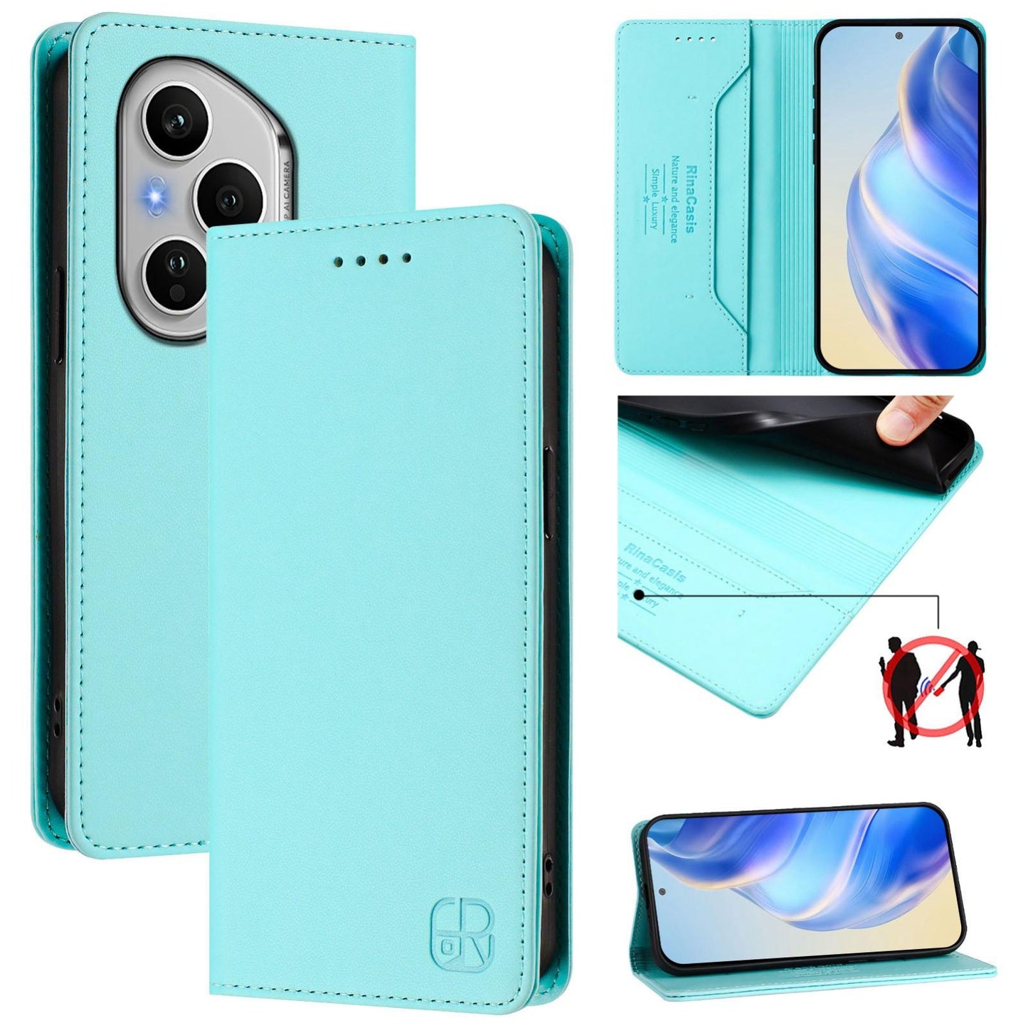 Honor 400 Pro 160.8mm Dual-Folded Magnetic Suction RFID Blocking PU Leather Wallet Phone Case with Card Slots, Cash Pocket, Kickstand, Full Protective Flip Cover