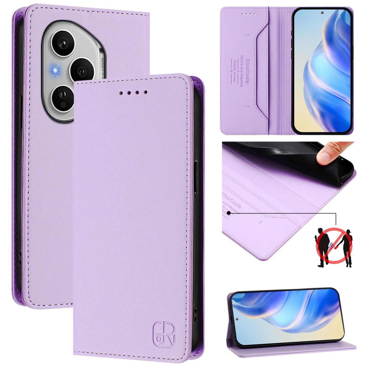 Honor 400 Pro 160.8mm Dual-Folded Magnetic Suction RFID Blocking PU Leather Wallet Phone Case with Card Slots, Cash Pocket, Kickstand, Full Protective Flip Cover