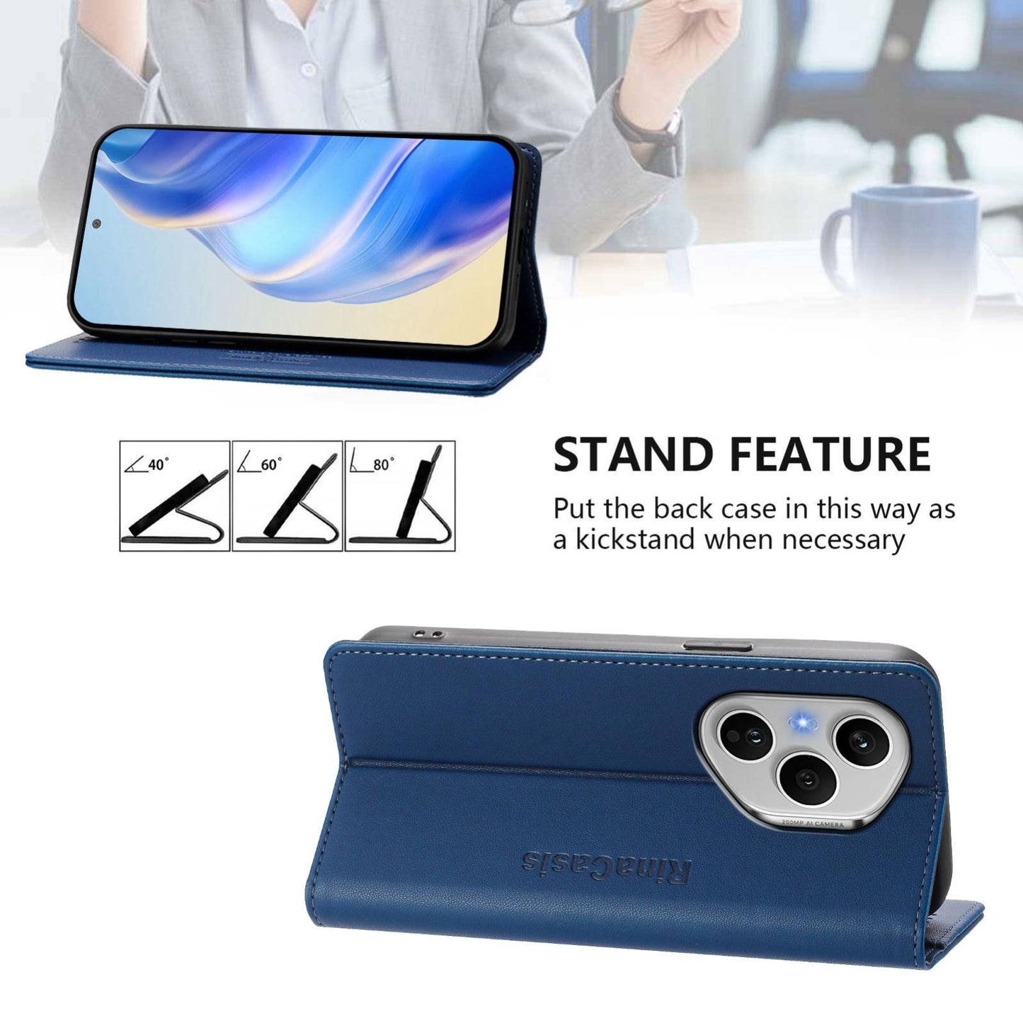 Honor 400 Pro 160.8mm Dual-Folded Magnetic Suction RFID Blocking PU Leather Wallet Phone Case with Card Slots, Cash Pocket, Kickstand, Full Protective Flip Cover
