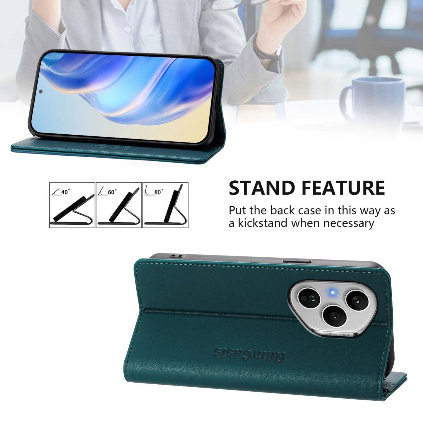 Honor 400 Pro 160.8mm Dual-Folded Magnetic Suction RFID Blocking PU Leather Wallet Phone Case with Card Slots, Cash Pocket, Kickstand, Full Protective Flip Cover